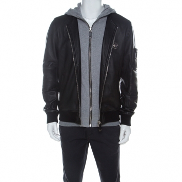 Pre Owned Philipp Plein Black & Grey Leather & Jersey Hooded Jacket XL