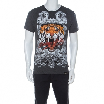 Pre Owned Phillip Plein Charcoal Grey Jersey Crystal Embellished Philipp Tiger T-Shirt S