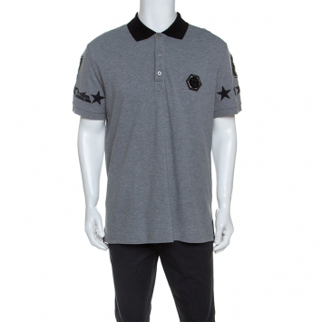 Pre Owned Philipp Plein Grey Cotton Embellished Detail Unstoppable Polo T-Shirt 3XL