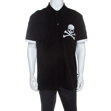 Pre Owned Philipp Plein Black Crystal Detail Face Swap Polo T-Shirt 3XL