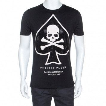 Pre Owned Philipp Plein Black Skull Print Cotton Crystal Embellished T-Shirt L