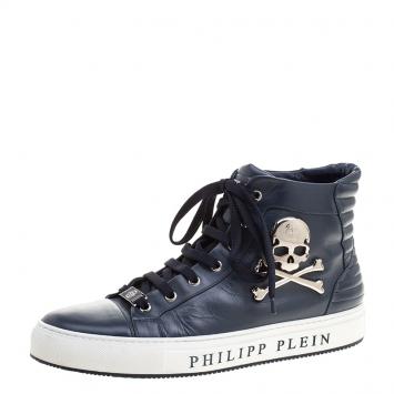Pre Owned Philipp Plein Navy Blue Leather Flight High Top Sneakers Size 43