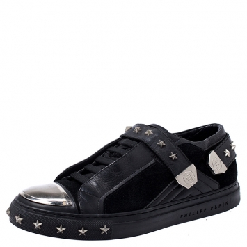 Pre Owned Philipp Plein Black Leather And Suede Star Studded Metal Cap Toe Low Top Sneakers Size 40