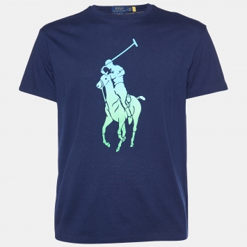 Pre Owned Polo Ralph Lauren Navy Blue Logo Print Cotton Crew Neck T-Shirt M