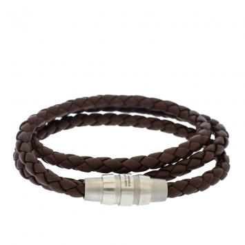 Pre Owned Porsche Design Grooves Brown Leather Stainless Steel Triple Wrap Bracelet