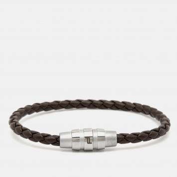 Pre Owned Porsche Design Grooves Brown Braided Leather Stainless Steel Bracelet