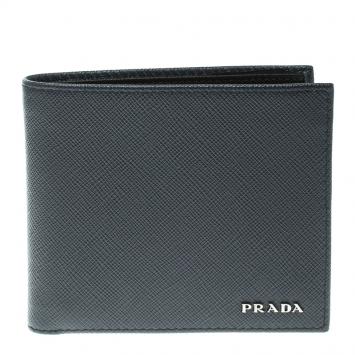 Pre Owned Prada Dark Blue Saffiano Bicolo Leather Bifold Wallet