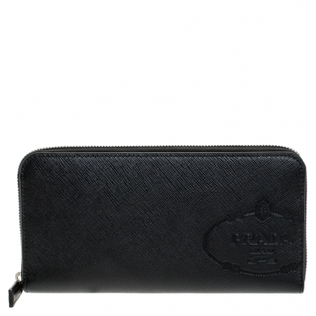 Pre Owned Prada Black Saffiano Leather Zip Around Wallet