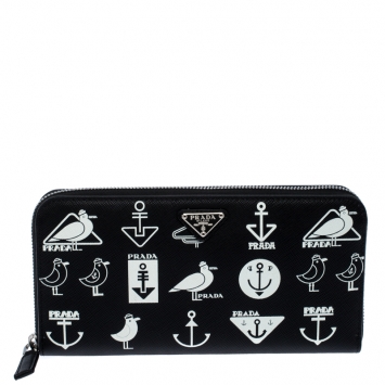Pre Owned Prada Black/White  Seagull Print Saffiano Leather Zip Around Wallet