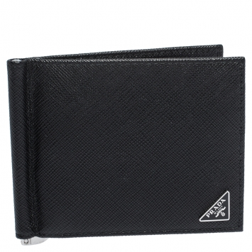 Pre Owned Prada Black Saffiano Lux Leather Money Clip Wallet