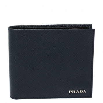 Pre Owned Prada Navy Blue Saffiano Lux Leather Bifold Compact Wallet