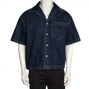 Pre Owned Prada Indigo Denim Logo Plaque Detail Bowling Shirt M
