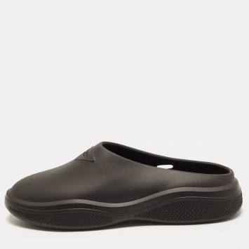 Pre Owned Prada Size 43 Black Rubber Triangle Logo Mules