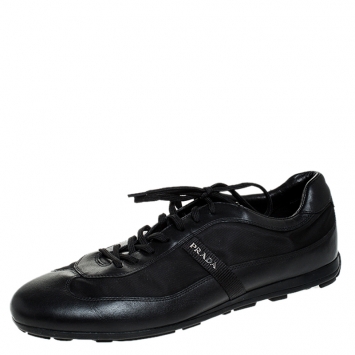 Pre Owned Prada Black Leather And Nylon Lace Up Sneakers Size 44