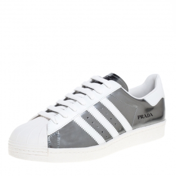 Pre Owned Prada x Adidas Silver/White Leather Superstar Low Top Sneakers Size 44 2/3