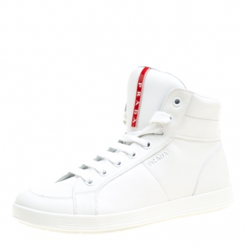 Pre Owned Prada Sport White Leather High Top Sneakers Size 41