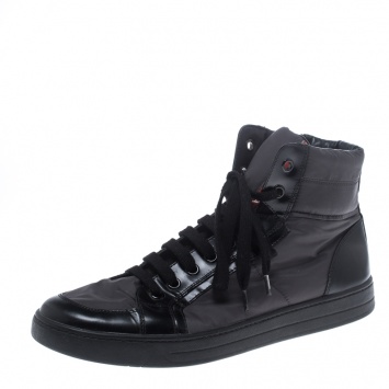 Pre Owned Prada Grey/Black Nylon and Leather High Top Lace Up Sneakers Size 44
