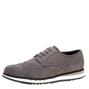 Pre Owned Prada Grey Brogue Suede Wingtip Detail Derby Sneakers Size 43.5