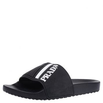 Pre Owned Prada Sport Black Rubber White Logo Embossed Pool Slides Size 41