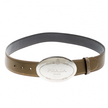 Pre Owned Prada Olive Green Leather Engraved Oval Plaque Buckle Belt 95CM