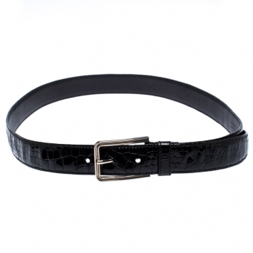 Pre Owned Prada Black Croc Embossed Patent Leather Buckle Belt 95CM