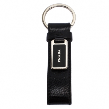 Pre Owned Prada Black Saffiano Leather Logo Key Chain