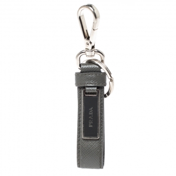 Pre Owned Prada Grey Saffiano Leather Logo Plague Key Ring