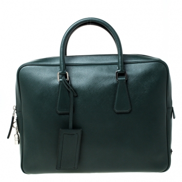 Pre Owned Prada Dark Green Leather Classic Laptop Bag