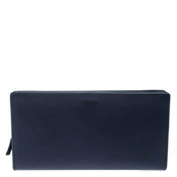 Pre Owned Prada Navy Blue Saffiano Leather Bifold Long Wallet