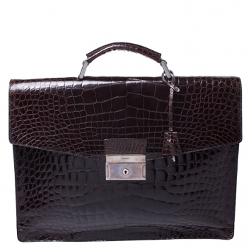 Pre Owned Prada Dark Brown Crocodile Briefcase   