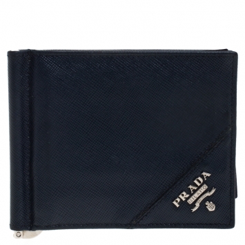 Pre Owned Prada Navy Blue Leather Money Clip Wallet