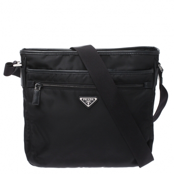 Pre Owned Prada Black Nylon and Leather Zip Messenger Bag