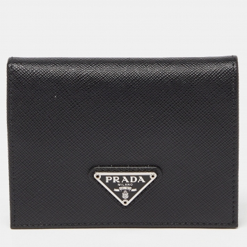 Pre Owned Prada Black Saffiano Leather Logo Flap Card Case