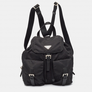 Prada Black Nylon Double Pocket Drawstring Backpack