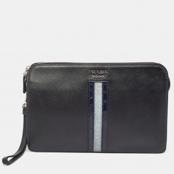 Prada Black Saffiano Leather and Alligator Zip Pouch