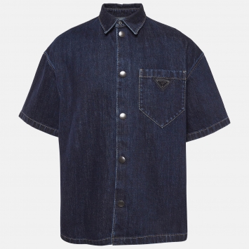 Pre Owned Prada Indigo Blue Denim Logo Plaque Detail Bowling Shirt XL
