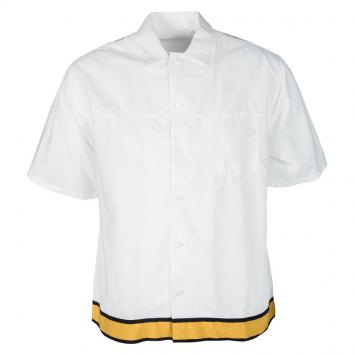 Pre Owned Prada White Cotton Contrast Striped Bottom Short Sleeve Button Front Shirt L