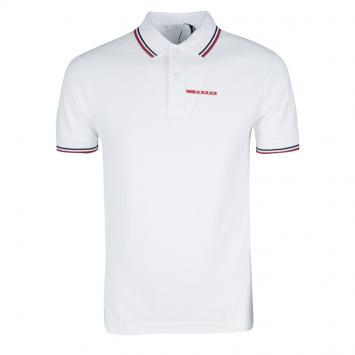 Pre Owned Prada White Honeycomb Knit Signature Stripe Cotton Polo T-Shirt M