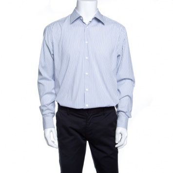 Pre Owned Prada White and Blue Striped Button Front Long Sleeve Shirt XL