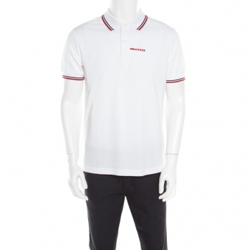 Pre Owned Prada White Honeycomb Knit Striped Trim Detail Polo T-Shirt L