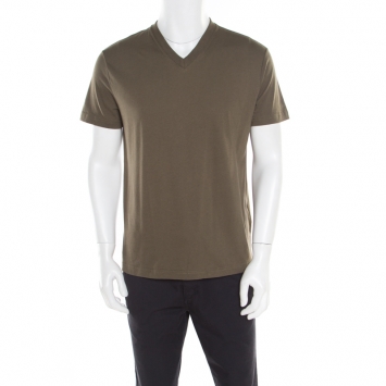 Pre Owned Prada Khaki Green Melange Cotton V Neck Short Sleeve T-Shirt M