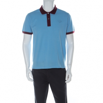 Pre Owned Prada Blue and Burgundy Cotton Piqué Logo Patch Polo T Shirt L 