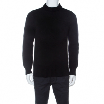 Pre Owned Prada Black Cashmere Wool Knit Tonal Embroidered Logo Jumper M