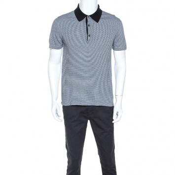 Pre Owned Prada Black & White Cotton Striped Polo T-Shirt M
