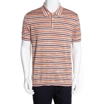 Pre Owned Prada Pink Silk Knit Striped Polo T Shirt XL 