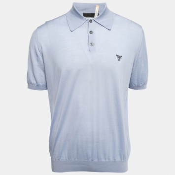 Pre Owned Prada Blue Wool Knit Logo Embroidered Polo T-Shirt XXL