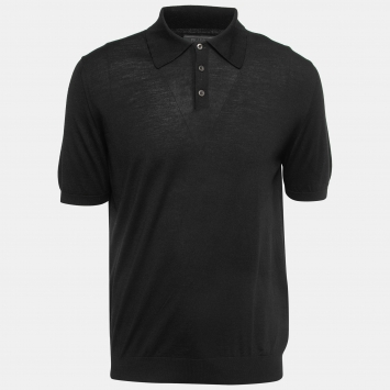 Pre Owned Prada Black Wool Knit Logo Embroidered Polo T-Shirt XXL