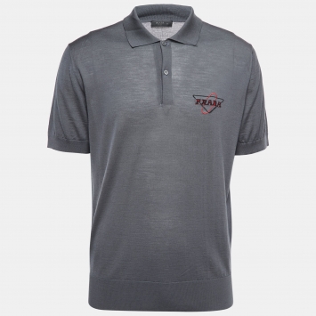Pre Owned Prada Grey Logo Patterned Wool Polo T-Shirt XXL