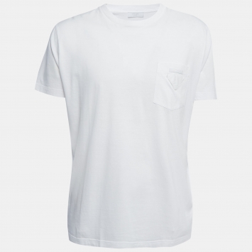 Pre Owned Prada White Cotton Logo Pocket Detail Crew Neck Half Sleeve T-Shirt 3XL