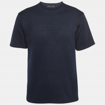 Pre Owned Prada Navy Blue Logo Embossed Cotton Oversized T-Shirt S